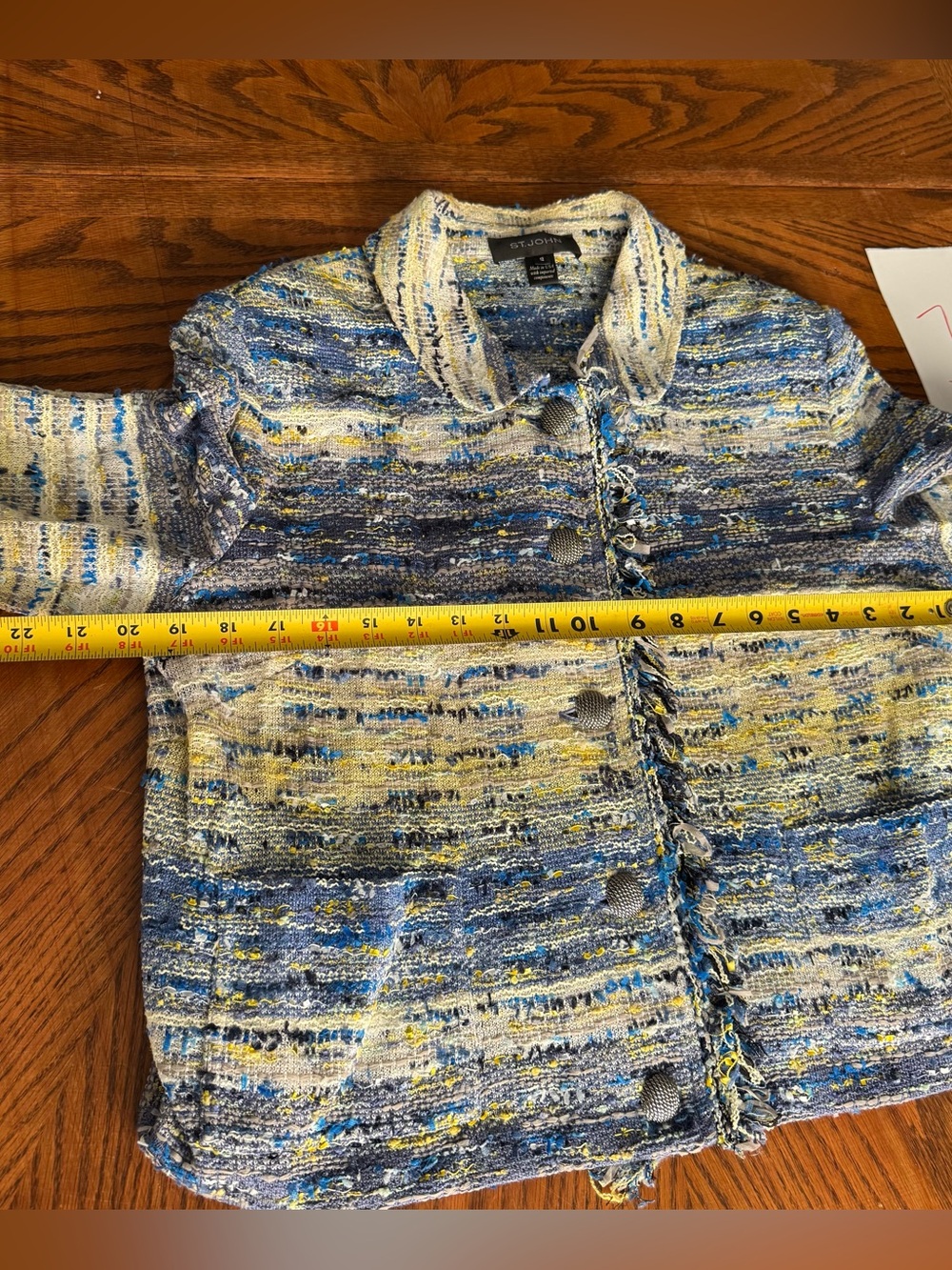 ST.JOHN Women's Tweed Blue Yellow White Gray Fringed Jacket Sz 12 - Picture 3 of 8
